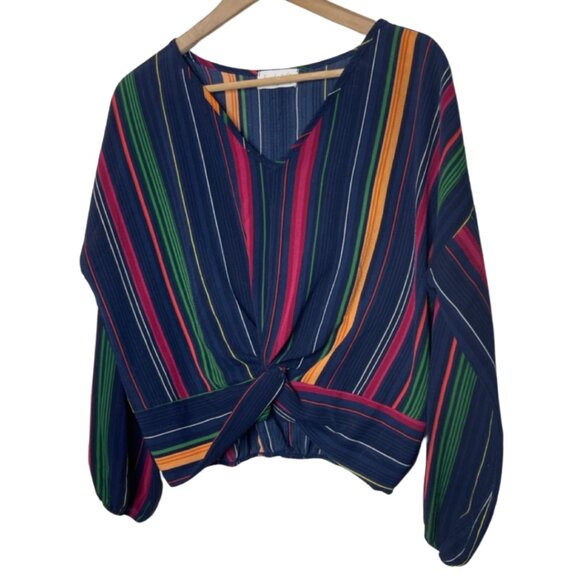 LAVENDER FIELD | Women's Multicolor Striped Long Sleeve Front Knot Top | Size L - Picture 6 of 12